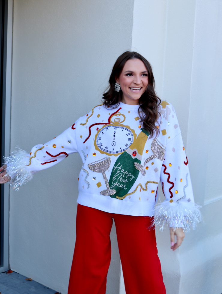 White Oversized Champagne Popping Sweater with Feathers