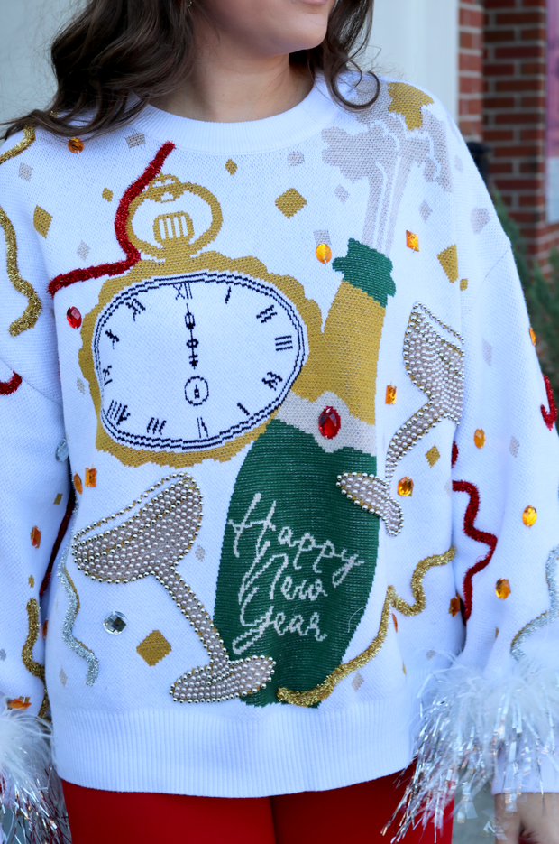 White Oversized Champagne Popping Sweater with Feathers