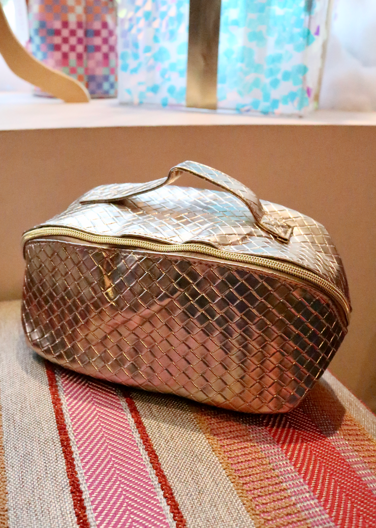 Chic Woven Cosmetic Bag | Gold