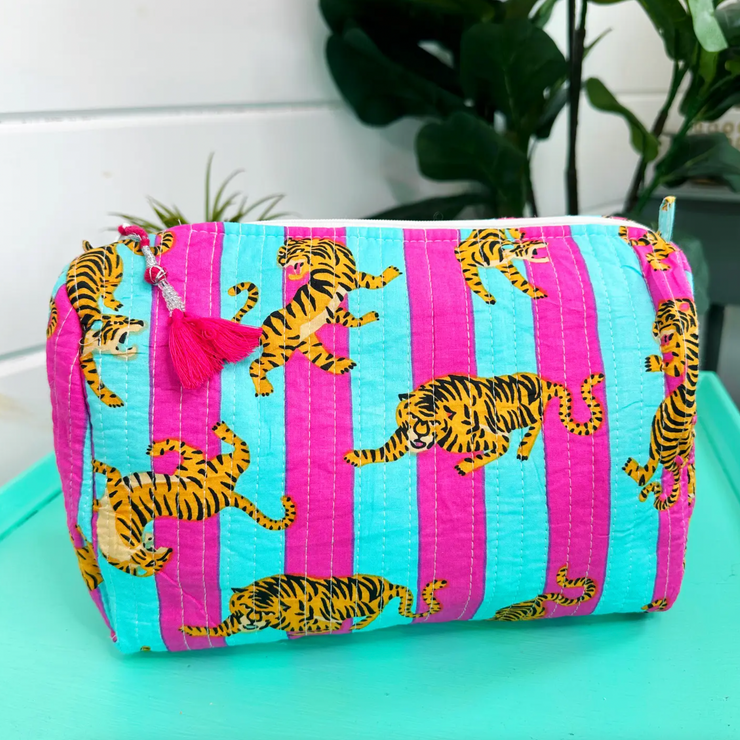 Quilted Cosmetic Bag | Magenta Aqua Stripe Tiger