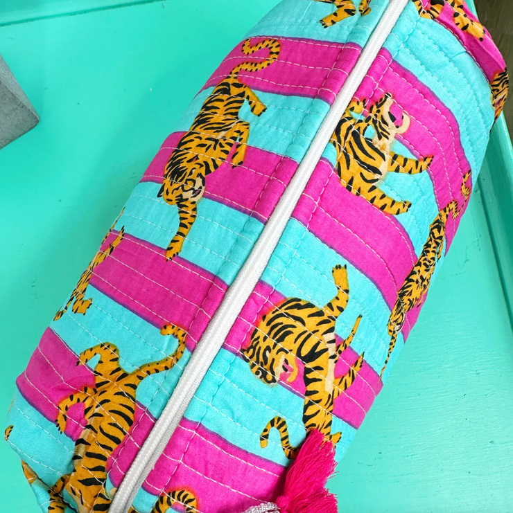 Quilted Cosmetic Bag | Magenta Aqua Stripe Tiger