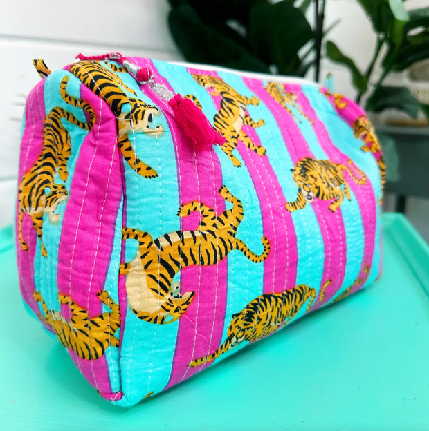 Quilted Cosmetic Bag | Magenta Aqua Stripe Tiger