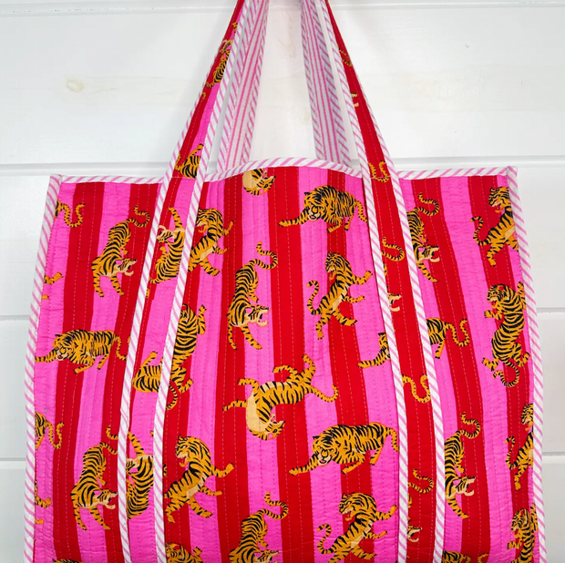 Quilted Tiger Tote | Red & Pink Stripe Tiger