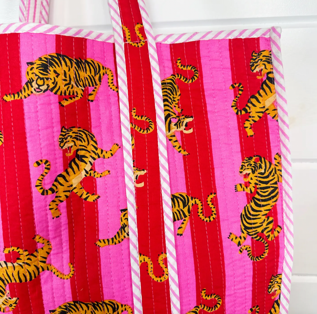 Quilted Tiger Tote | Red & Pink Stripe Tiger