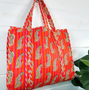 Quilted Tiger Tote | Jaguar Orange & Pink Stripe