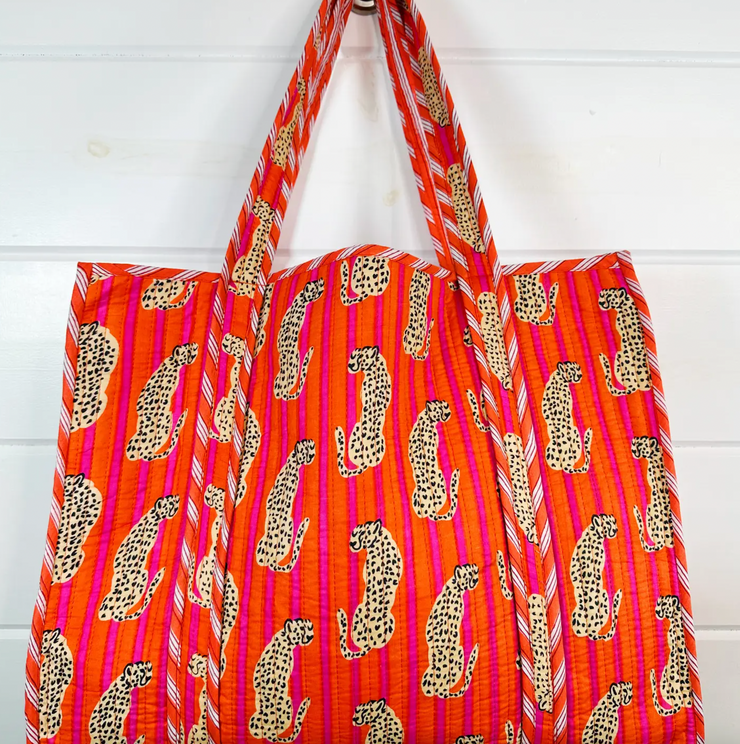 Quilted Tiger Tote | Jaguar Orange & Pink Stripe