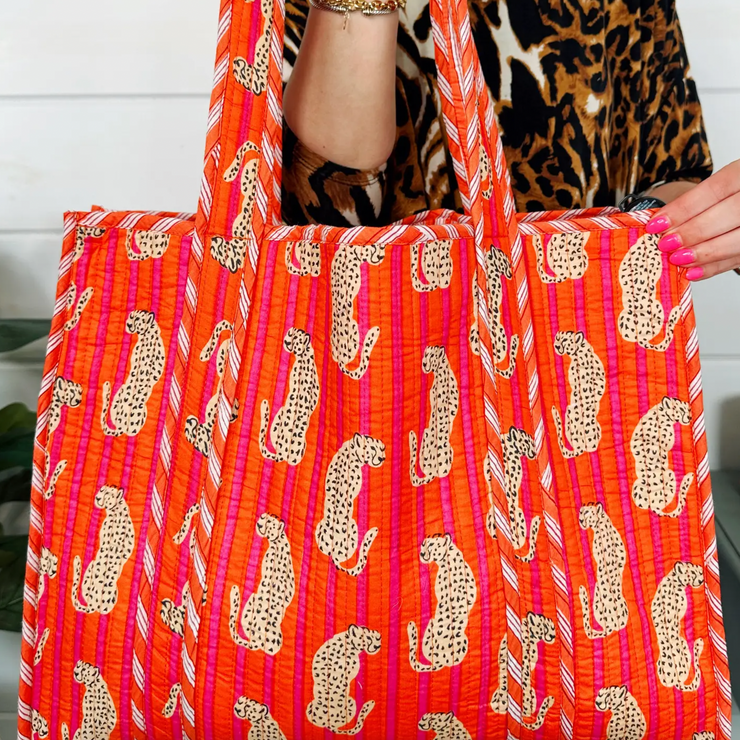 Quilted Tiger Tote | Jaguar Orange & Pink Stripe