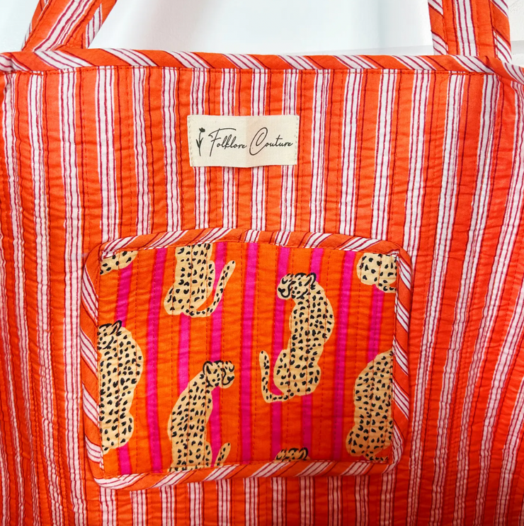 Quilted Tiger Tote | Jaguar Orange & Pink Stripe