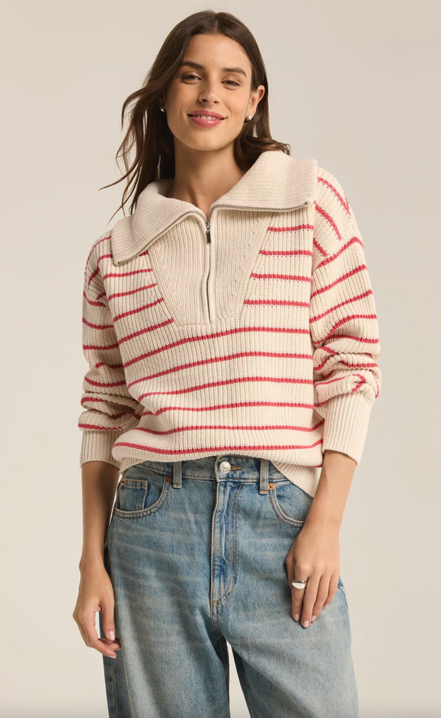 VIlla Half Zip Stripe Sweater | Red Pepper