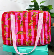 Quilted Duffle Overnight Bag | Pink Red Stripe Tiger