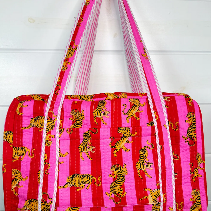 Quilted Duffle Overnight Bag | Pink Red Stripe Tiger