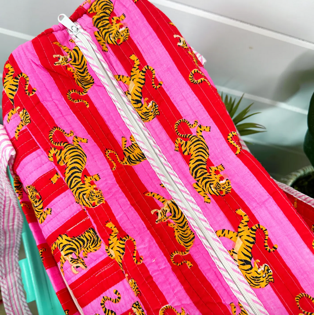 Quilted Duffle Overnight Bag | Pink Red Stripe Tiger