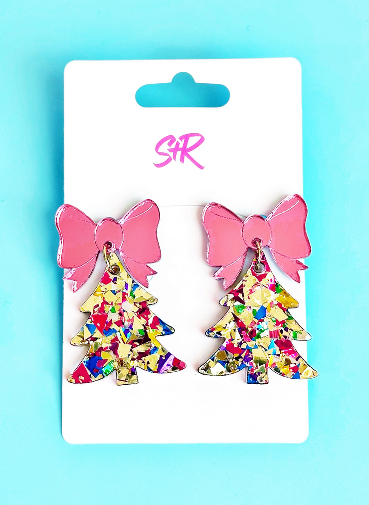 Bow-tiful Gold Confetti Acrylic Earrings