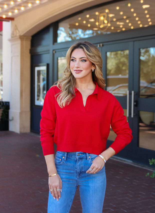 Solid V Neck Collar Sweater | Red