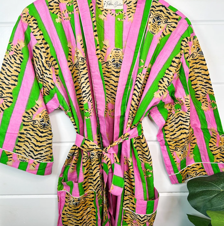 Comfy Chic Cotton Robe | Green/Pink Tiger