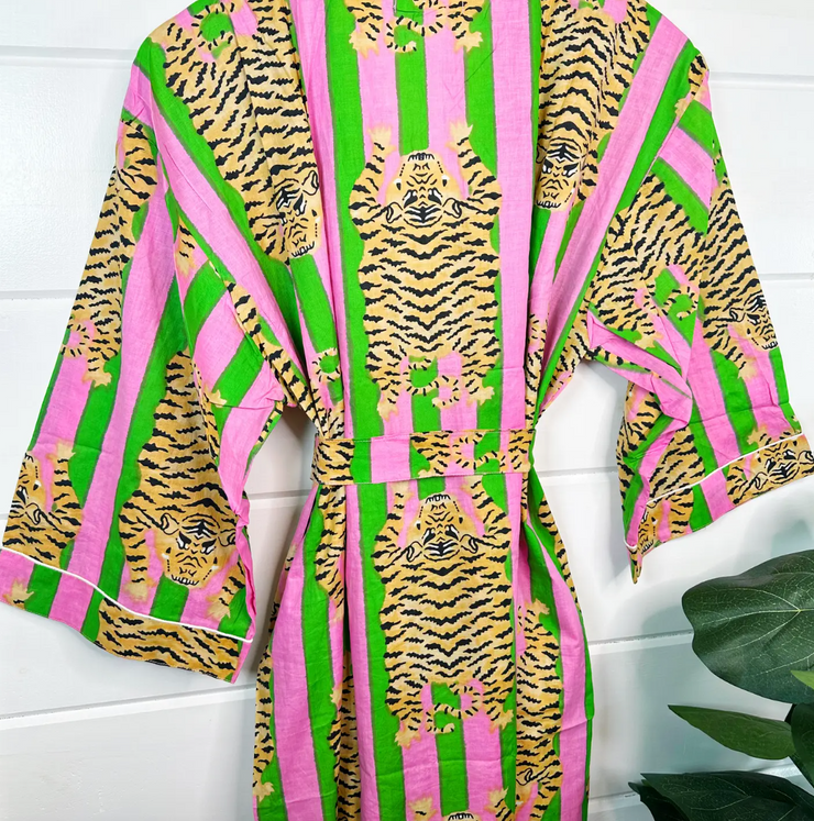 Comfy Chic Cotton Robe | Green/Pink Tiger