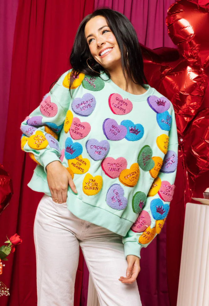 Mint Fuzzy Heart Sweatshirt