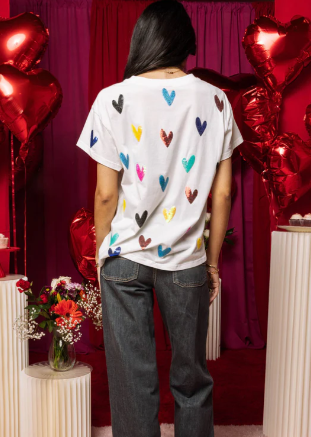 White Multi Colored Heart Tee