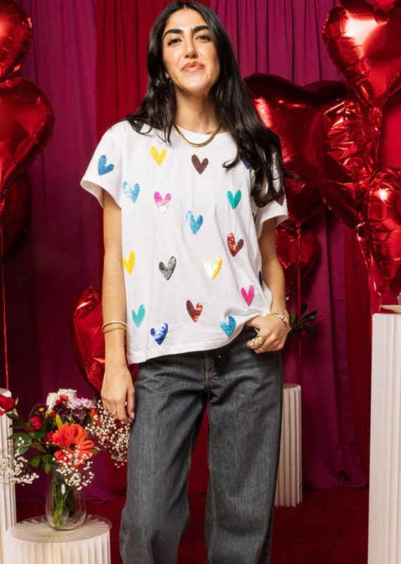 White Multi Colored Heart Tee