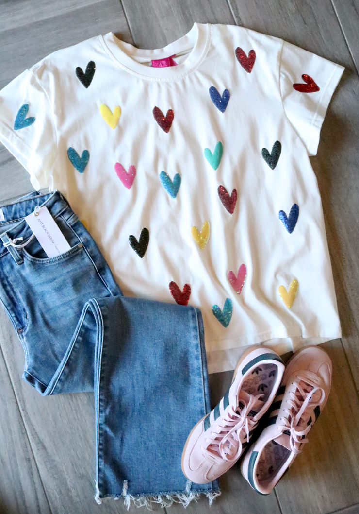 White Multi Colored Heart Tee