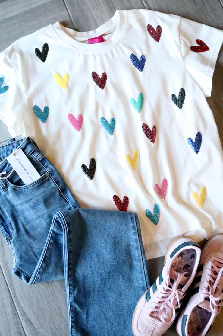 White Multi Colored Heart Tee