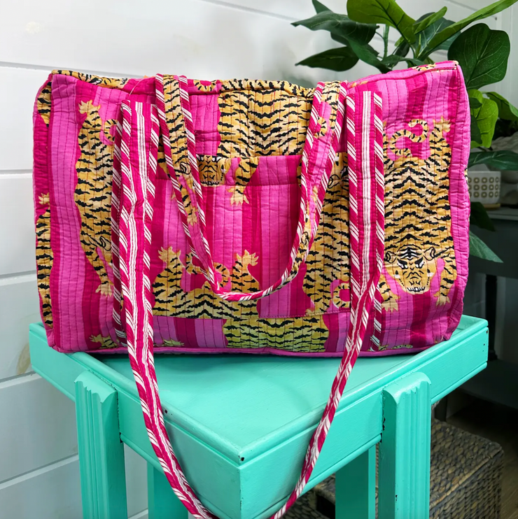 Quilted Weekender Duffle Bag | Pink Large Tiger Print