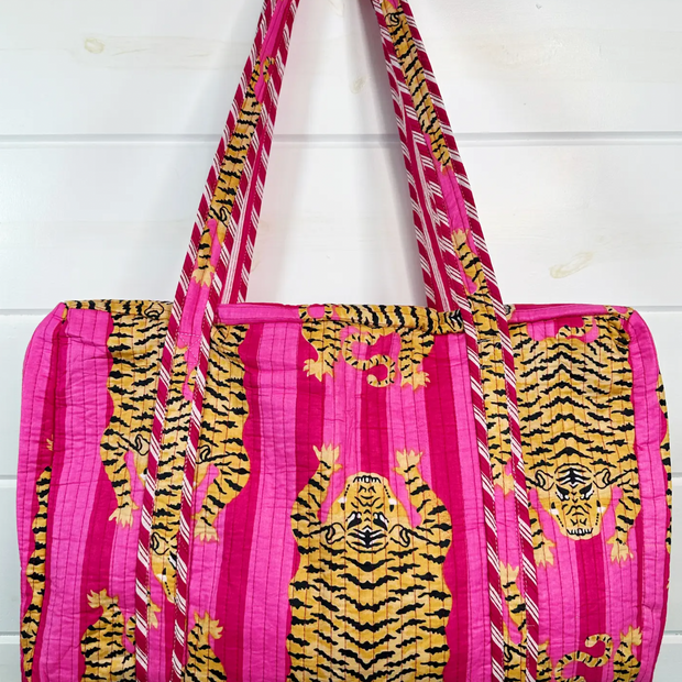 Quilted Weekender Duffle Bag | Pink Large Tiger Print