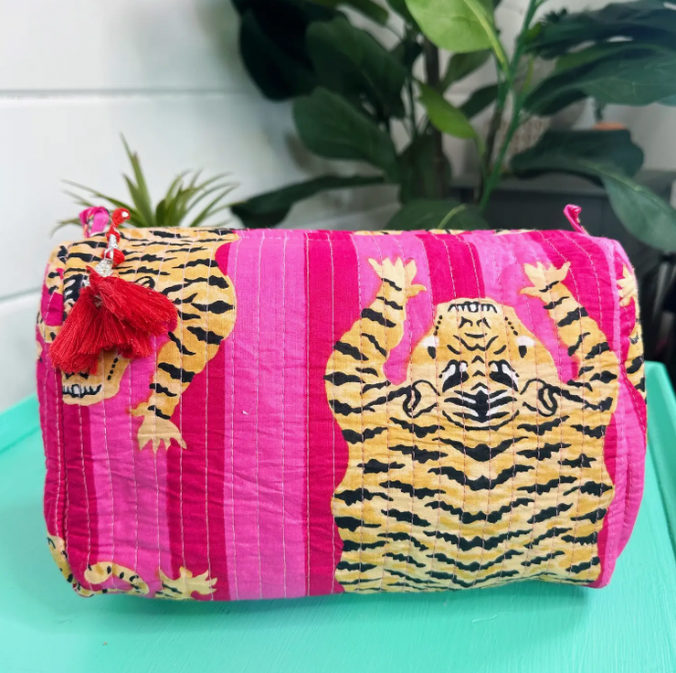 Quilted Cosmetic Bag | Pink Large Tiger Stripe Print