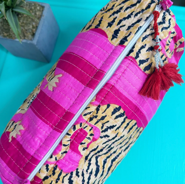 Quilted Cosmetic Bag | Pink Large Tiger Stripe Print