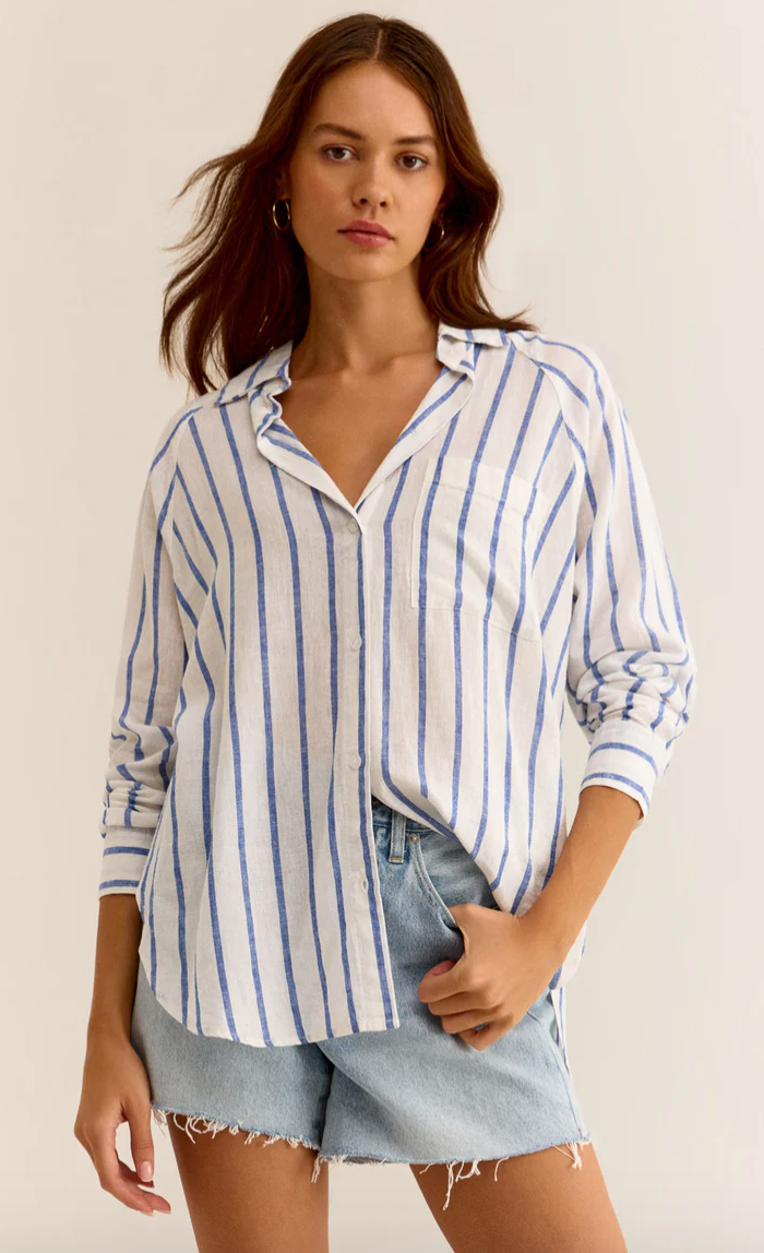 Perfect Linen Stripe Top | Palace Blue