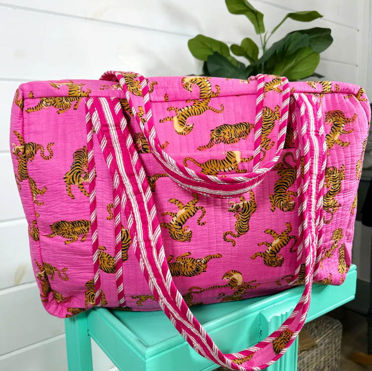 Quilted Weekender Duffle Bag | Pink SMALL Tiger Print