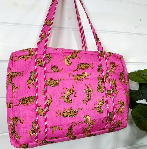 Quilted Weekender Duffle Bag | Pink SMALL Tiger Print