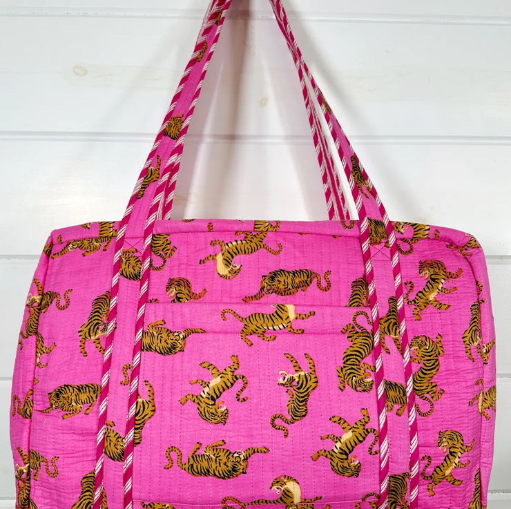 Quilted Weekender Duffle Bag | Pink SMALL Tiger Print