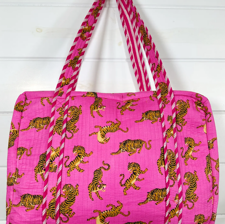 Quilted Weekender Duffle Bag | Pink SMALL Tiger Print