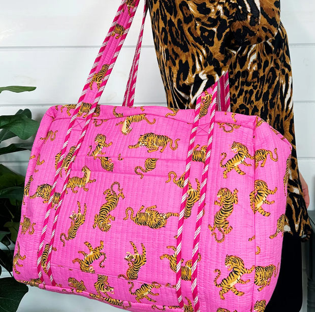 Quilted Weekender Duffle Bag | Pink SMALL Tiger Print