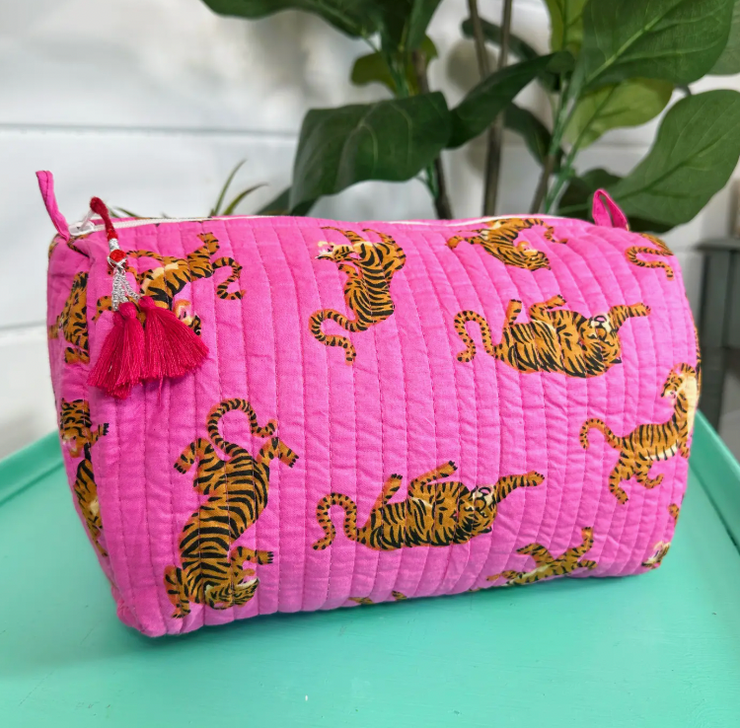 Quilted Cosmetic Bag | Pink SMALL Tiger Print