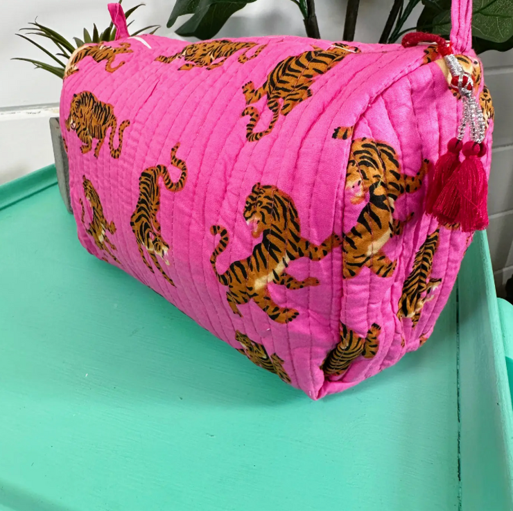 Quilted Cosmetic Bag | Pink SMALL Tiger Print