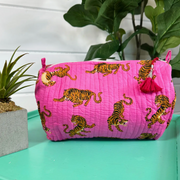 Quilted Cosmetic Bag | Pink SMALL Tiger Print