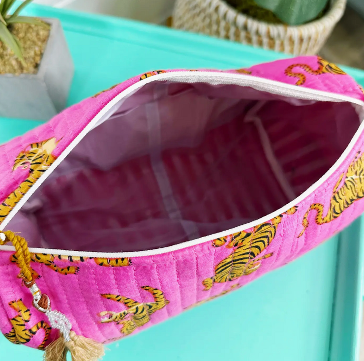 Quilted Cosmetic Bag | Pink SMALL Tiger Print