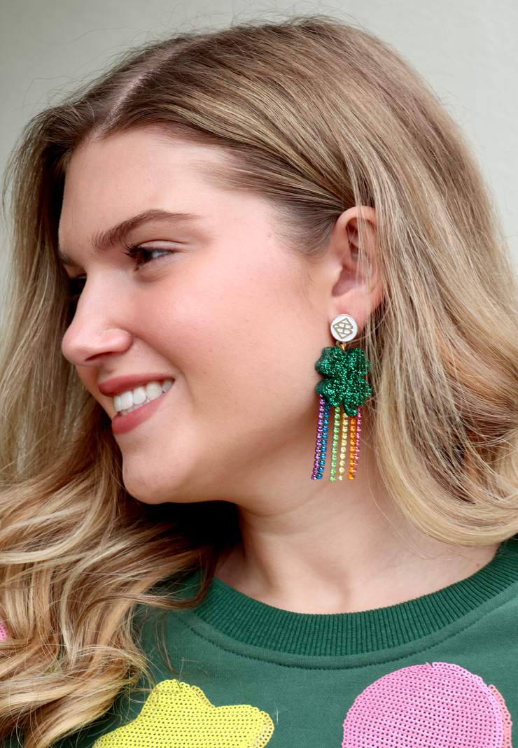 St Patricks Day Short Rainbow Fringe Clover Earrings