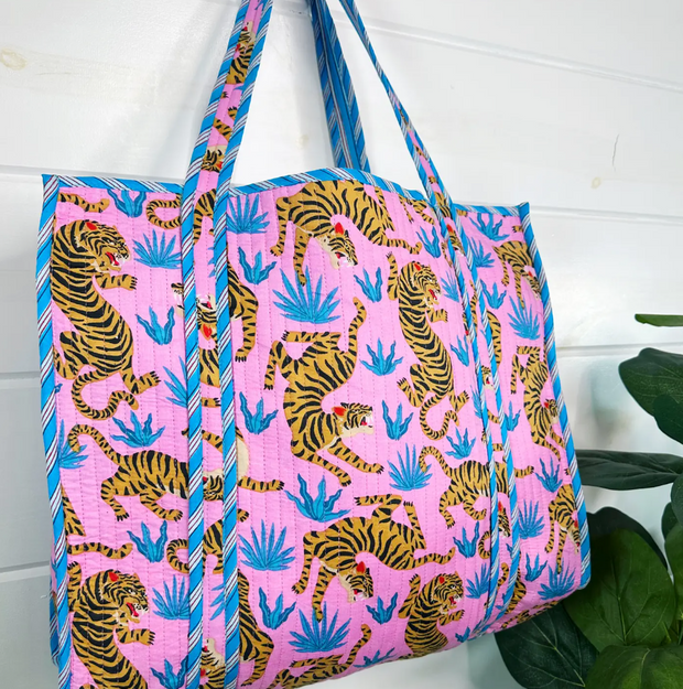 Quilted Tiger Tote | Pink & Blue Tigers