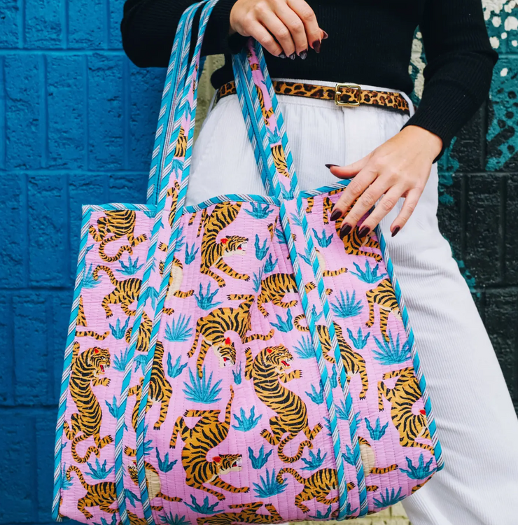 Quilted Tiger Tote | Pink & Blue Tigers