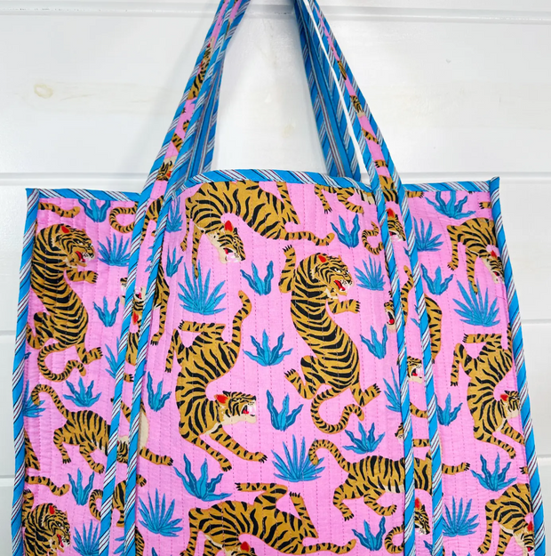 Quilted Tiger Tote | Pink & Blue Tigers