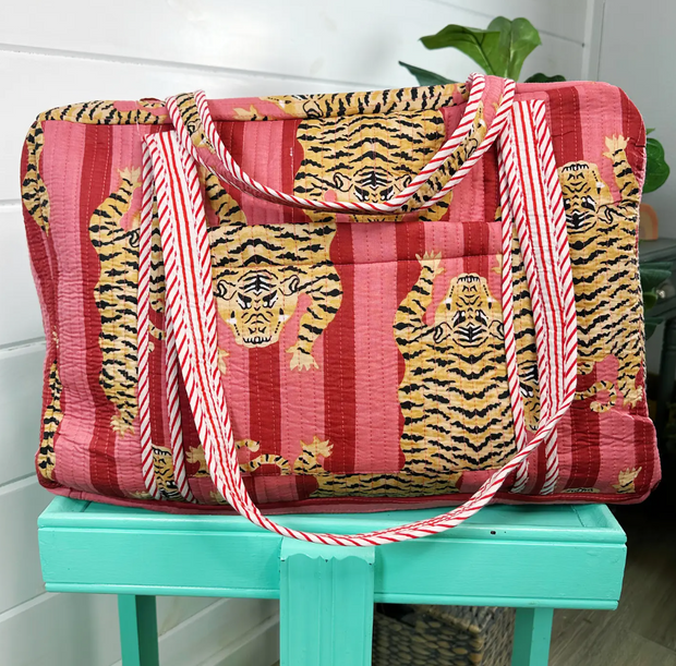 Quilted Weekender Duffle Bag |  Red Stripe Tiger Print