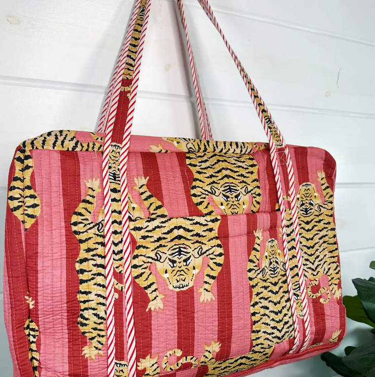 Quilted Weekender Duffle Bag |  Red Stripe Tiger Print