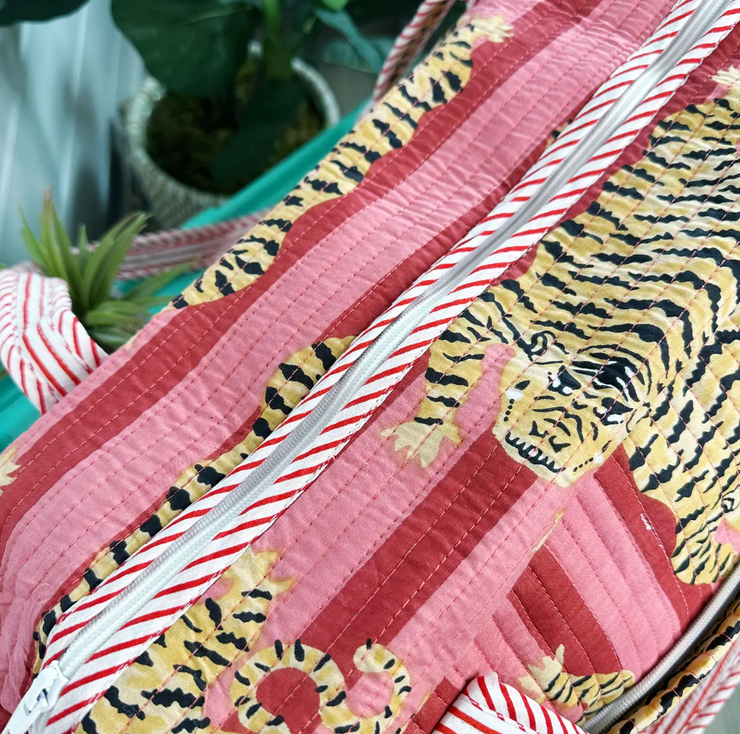 Quilted Weekender Duffle Bag |  Red Stripe Tiger Print