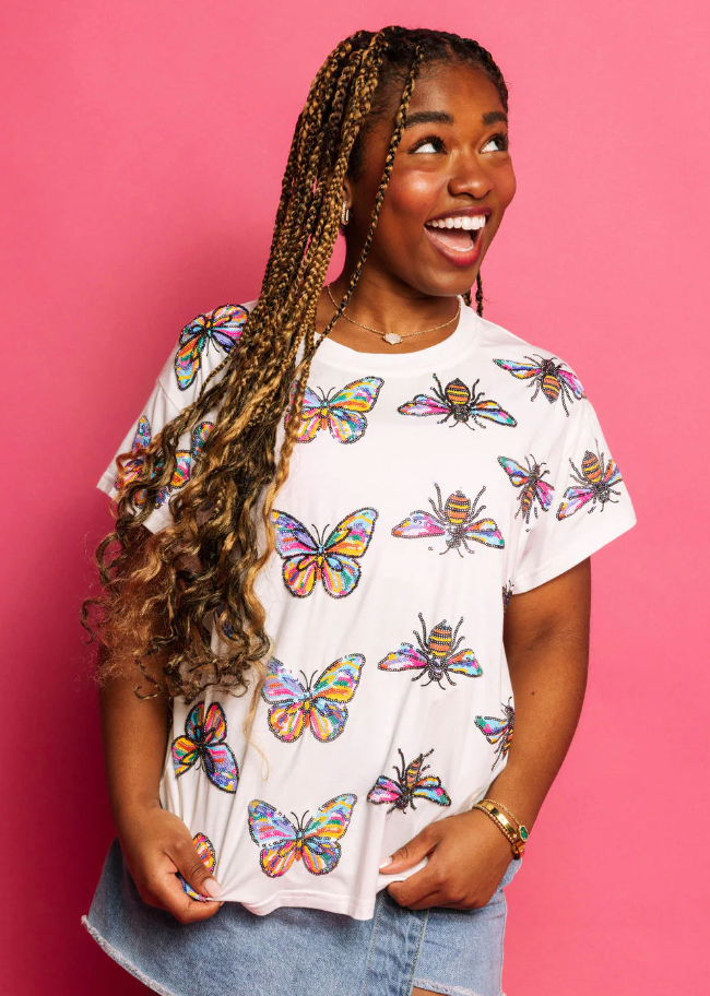 White Rainbow Butterfly and Bee Tee