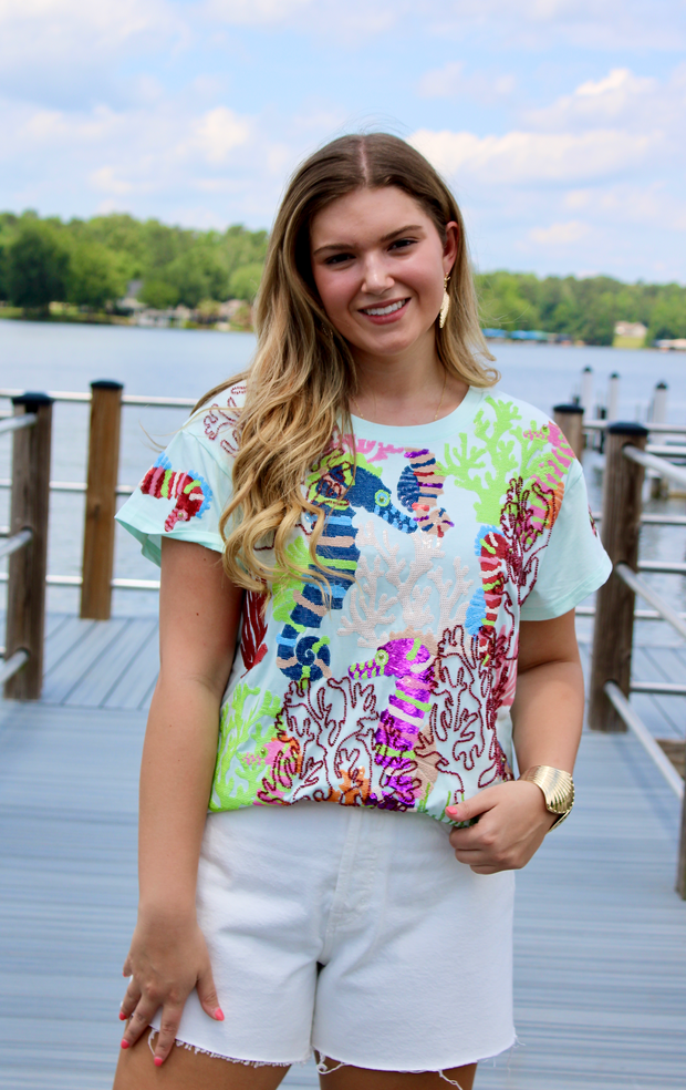 Light Blue Coral & Seahorse Tee