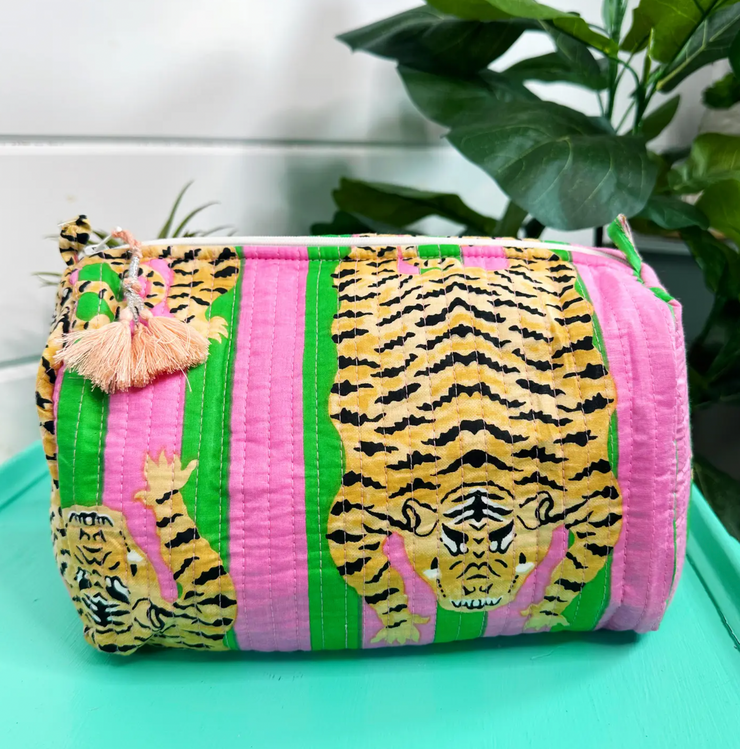 Quilted Cosmetic Bag | Pink Green Stripe Tiger