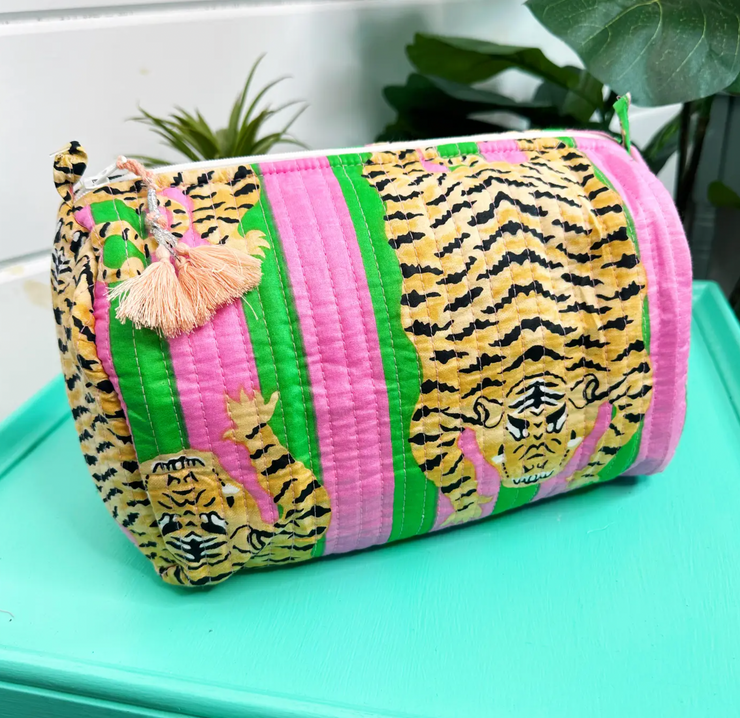 Quilted Cosmetic Bag | Pink Green Stripe Tiger